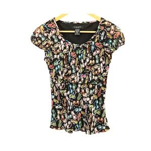 Y2K Silkland Petite Silk Whimsical Sunglasses Print  Babydoll Top PS Scoop Neck